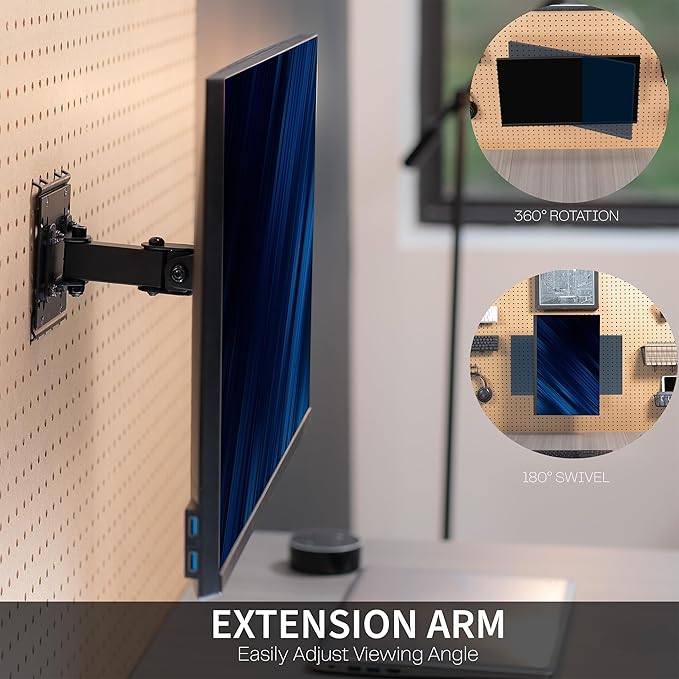 VIVO Articulating Single Monitor Pegboard Mount with Arm, Fits Screens up to 32 inches and Peg Boards up to 0.25 inches Thick with 1 inch Hole Spacing, Black, MOUNT-PB2A