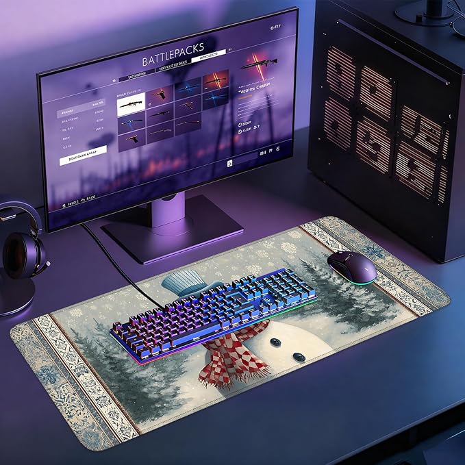 Desk Mat, XXL Extended Gaming Pad for Desktop, 35x16 Inches Winter Snowman in Snowy Forest, Large Non-Slip Vegan Leather Surface with Stitched Edges, Keyboard Mouse Mat for Home Office