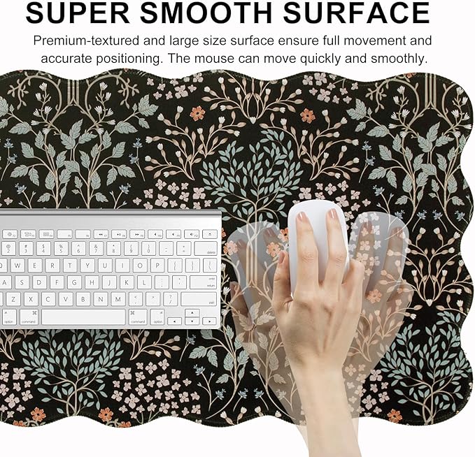 L-SPOUTTO Botanical Mouse Pad,Black Desk Mat XXL Large Scalloped Gaming Mousepad,35.4x15.12in Non-Slip Base Keyboard Pad Waterproof Desktop Mat for Laptop Computer Game Home Office-Seamless Plants