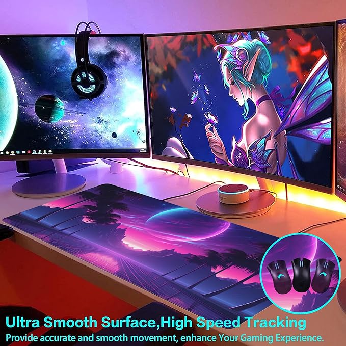 Large Gaming Mouse Pad for Desk,Cool Retrowave Landscape Desk Mat,Science Fiction Scene Desk Pad, Extended Big Computer Keyboard Mouse Pad with Non-Slip Base and Stitched Edge 35.4"x15.7"