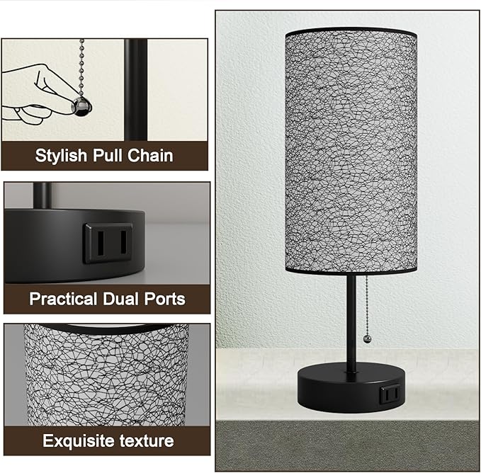 Table Lamp for Bedroom,Nightstand Lamp for Bedside with AC Outlets,Adjustable 3color LED Light Desk Lamp for Home Decor,Included Bulb and Lamp Shade (Black-OnlyAC, 2PCS)