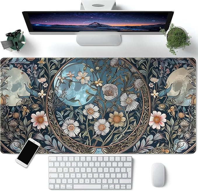 Tarot Triple Moon Desk Mat Retro Aesthetic Desk Pad Daisy Vintage Floral Extended Mouse Pad Large Gaming Mousepad XXL Laptop Computer Mouse Keyboard Mat 31.5 x 15.7 in for Office Desk Decor