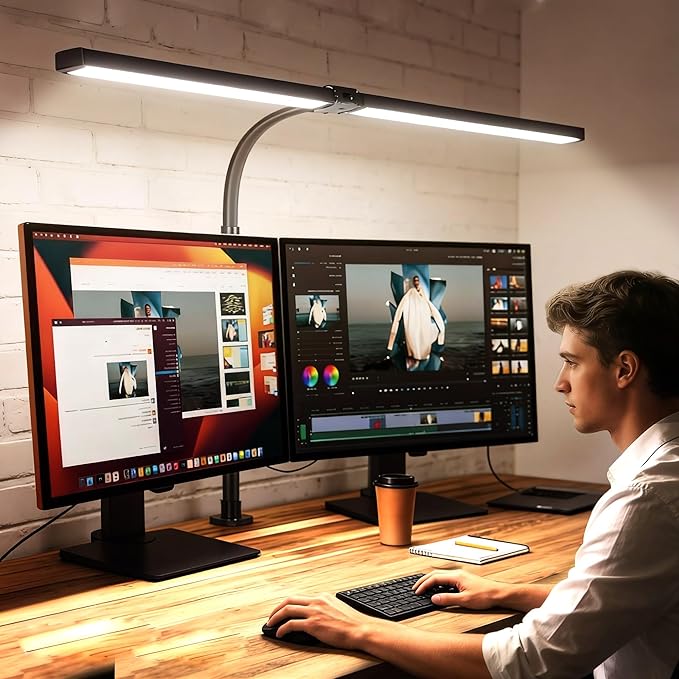 Small Desk Lamp for Office Dorm Home - Eye Caring Desk Light 18W Brightest Gooseneck Dimmable Table lamp with Anti-Glare Cover Clamp(No Remote)
