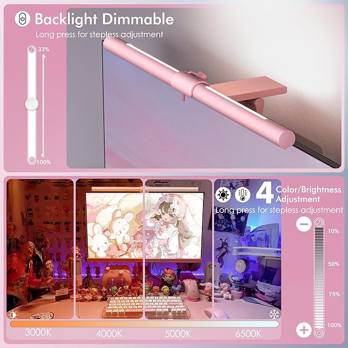 Quntis Pink Monitor Light Bar with Remote, Eye-Care No Glare, Space Saving Computer Desk Lamp As Gifts for Girls, Stepless Dimming, Modern Aesthetic Desk Light Bar for Home Office Gaming Reading