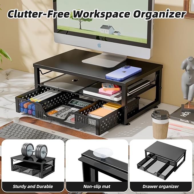 Simple Trending Desk Organizer and Accessories, 2-Tier Computer Monitor Stand Riser with Drawer for Office Supplies, Black