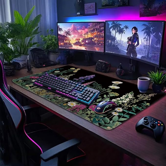 Wildflower Black Large Gaming Mouse Pad 31.5"x15.7"｜ XXL Desk Mat, Non-Slip Rubber Base & Stitched Edges - Extended Waterproof Mousepad for PC/Laptop/Office/Home Decor