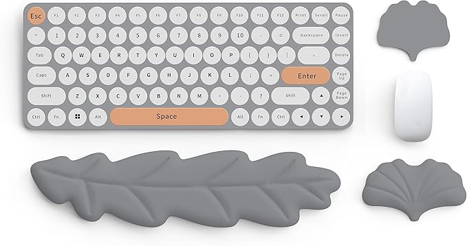 Keyboard Wrist Rest Pad Set, Leaf Shape PU Leather Memory Foam Wrist Cushion Support,Mouse Wrist Rest Pad,Non-Slip Wrist Support for Easy Typing, Grey Leaf