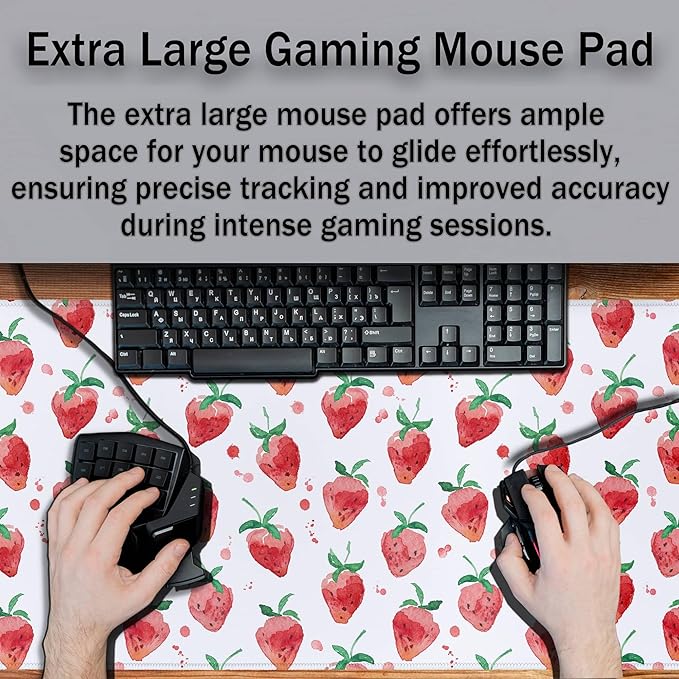 XXL Keyboard Pad Red Mouse Mat, Gaming Mouse Pads Big Mouse Pad, Modern Desk Pad Waterproof Non-Slip Rubber Base, 35.4 X 15.7 inch for Work/Game/Office/Home Summer Fruits Strawberry Leaves