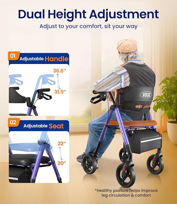 VOCIC Walkers for Seniors, Z21 Rollator Walker with Seat Supports 350lb, 8" Big Wheels for All Terrain, Ergonomic Arc Seat & 6" Ultra Backrest Foldable Walker, Dual Height Adjustment, Lightweight 2026
