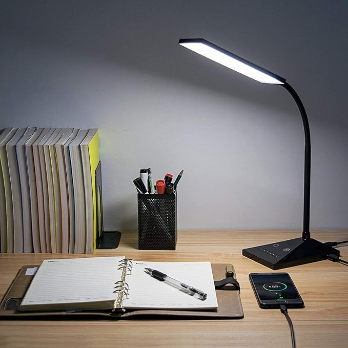 LED Desk Lamp, 5 Color Modes with 7 Levels of Brightness, Eye-Caring Dimmable Table Lamp Office Lamp with USB Charging Port, Touch Control Sensitive Dimmable 12W Black