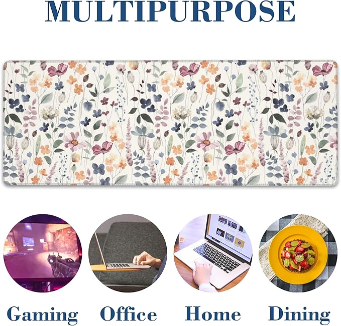 Large Gaming Mouse Pad for Desk Watercolor Flowers Big Desk Mat Extended Mousepad with Stitched Edge and Non-Slip Base Long Computer Keyboard Mouse Mat for Home Office Work, 11.8 x 31.5 Inch