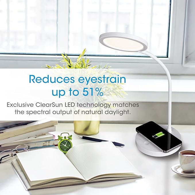 OttLite Good Housekeeping Circular LED Desk Lamp with Wireless Charging - Adjustable Neck Desk Lamp for College Dorm Room, Crafting, Reading, 3 Color Modes, Eye-Friendly Lighting