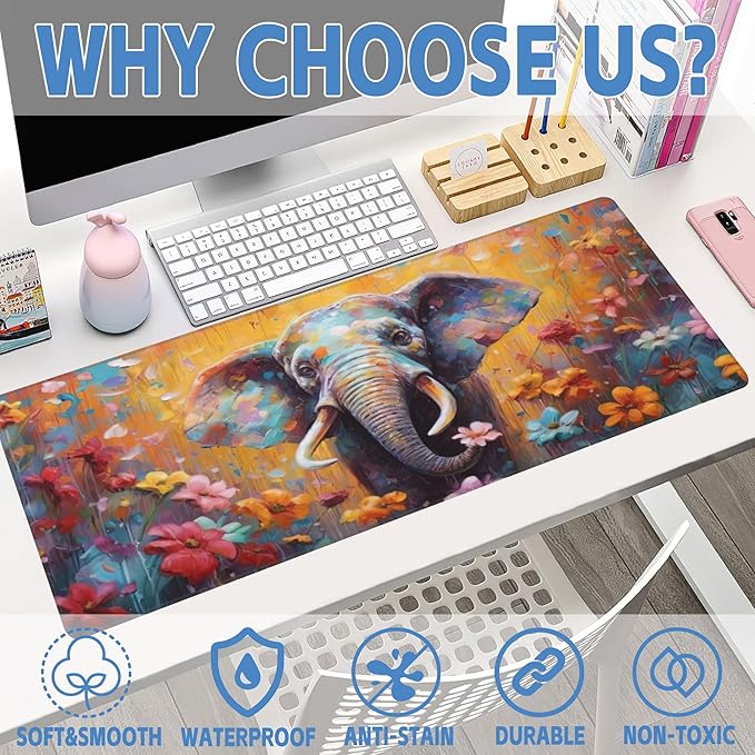 XL Mouse Pad,Elephant in Flower Blossom Large Gaming Mouse Pad,Cute Elephant Floral Desk Mat,Extended Big Computer Keyboard Desk Pad with Non-Slip Base and Stitched Edge 31.5"x11.8"