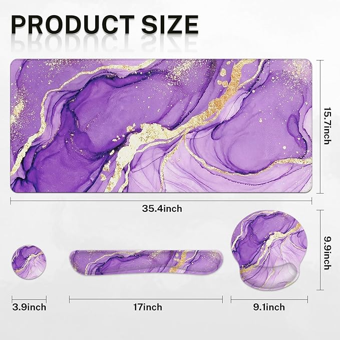 Arttown Purple Gold Marble Desk Mat Abstract Marble Mouse Pad Set 4 in 1 Ergonomic Design Large Mousepad + Keyboard Wrist Rest + Mouse Wrist Rest + Coaster Suitable for Home Office Study Game