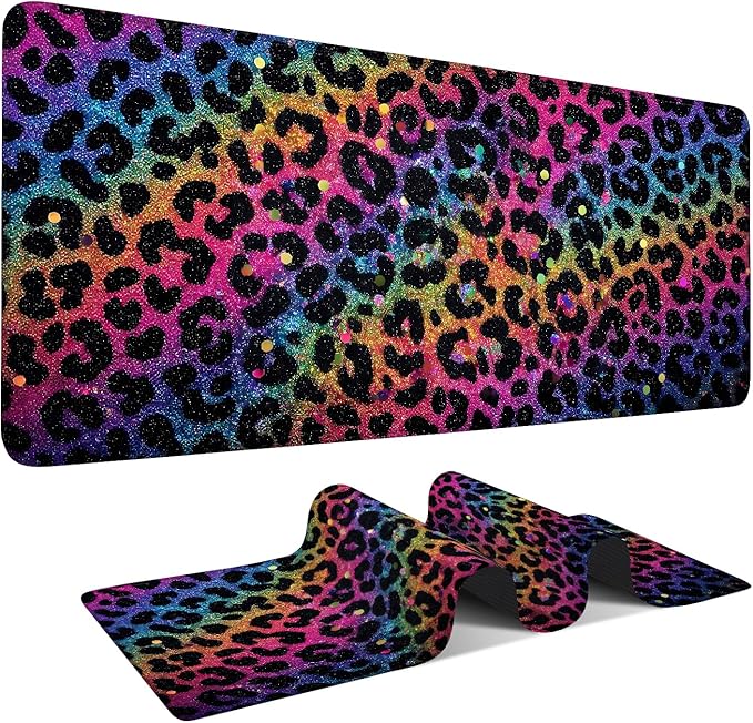 Large Mouse Pad & Keyboard Mat 35x16 Inches, Colorful Gradient Leopard Print Non-Slip Rubber Base Desk Mat, Large Extended Desk Protector for Home Office Gaming Setup
