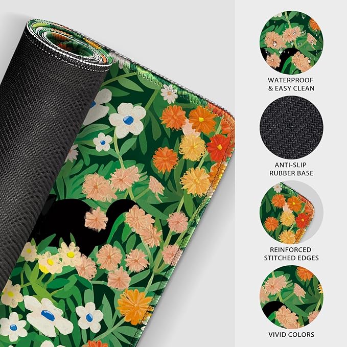 Cute Flower Cat Large Gaming Mouse Pad 31.5"x15.7", Flower XXL Desk Mat, Non-Slip Rubber Base & Stitched Edges Extended Mousepad for PC/Laptop/Office/Home Decor