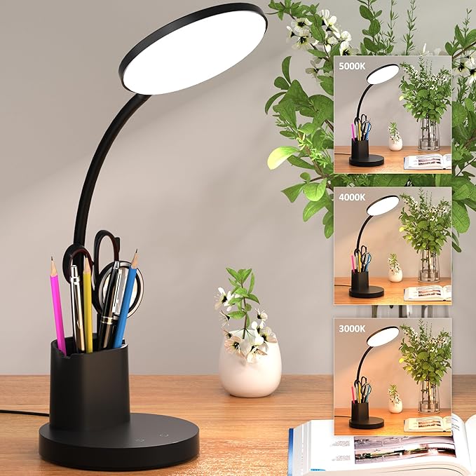 Desk Lamp, LED Desk Lamps for Home Office, Touch Table Lamp with 3 Color Modes 360° Adjustable Arm, Dimmable Desk Light with Pen Phone Holder, Black