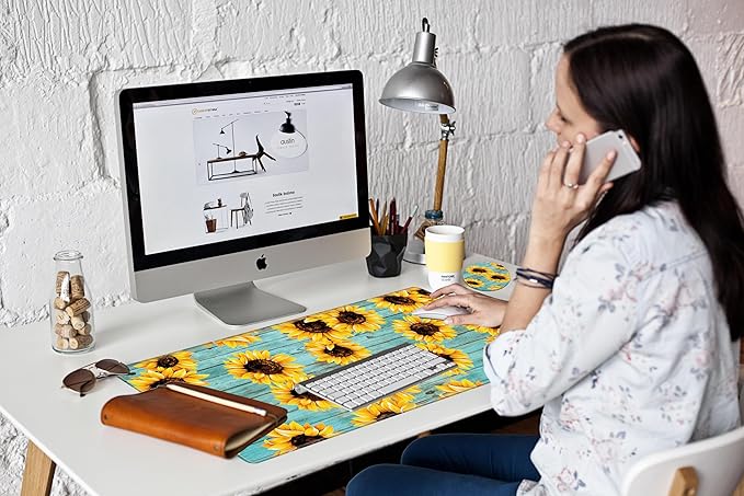 Gaming Mouse Pad Large Mousepad Sunflower Desk Mat XXL Big Desk Pad Rubber Base Computer Pad with Stitched Edges Mouse Mat for Work Game Home Office