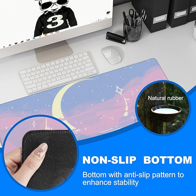 Desk Mat, Anime Moon City Night Scene Extended Gaming Mouse Pad Large, 31.5"x11.8" Big Mouse Pad with Non-Slip Base and Stitched Edge, Long Computer Keyboard Mouse Mat for Home Office Work