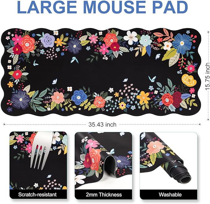 L-SPOUTTO Floral Mouse Pad,Black Desk Mat XXL Large Scalloped Gaming Mousepad,35.4x15.7in Non-Slip Rubber Base Keyboard Pad Waterproof Desktop Mat for Laptop Computer Game Home Office-Black Floral