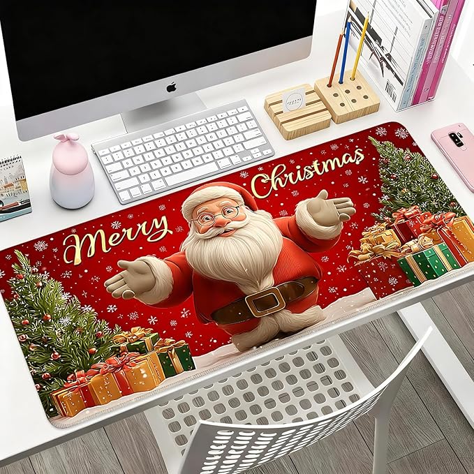 Desk Mat, XXL Extended Gaming Pad for Desktop, 35x16 Inches Jolly Santa with Tree, Large Non-Slip Vegan Leather Surface with Stitched Edges, Keyboard Mouse Mat for Home Office