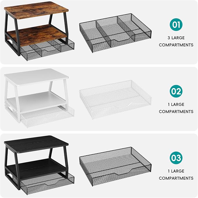 Printer Stand with Storage - 3D Printer Table Office Organizer for Desk Top Organizing, 2-Tier File Holder, Paper Storage and Desktop Shelf for Computer Printer Stand with Drawers Rustic Brown
