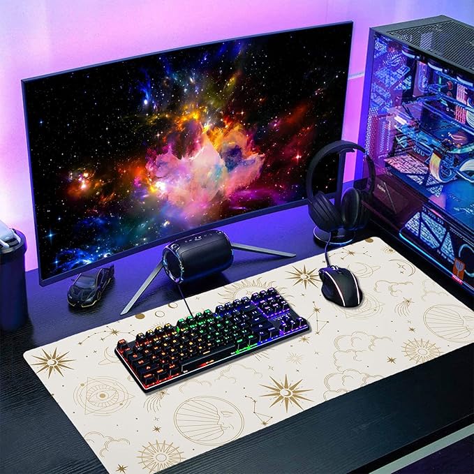 aportt Boho Chic Sun Moon Large Mouse Pad XXL Magic Mystical Galaxy Stars Clouds Extended Large Desk Mat White Big Desk Pad 90X40 CM Non-Slip Rubber Base Stitched Edge Long Mousepad,35.4 x 15.7 Inch