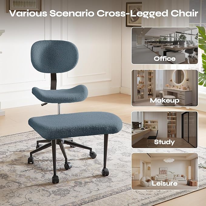 Ergonomic Cross Legged Chair for ADHD, Meditation Chair with 360° Swivel Wheels, Kneeling Office Chair with Back Support, Strong Lumbar Support, Teddy Fabric, Bule
