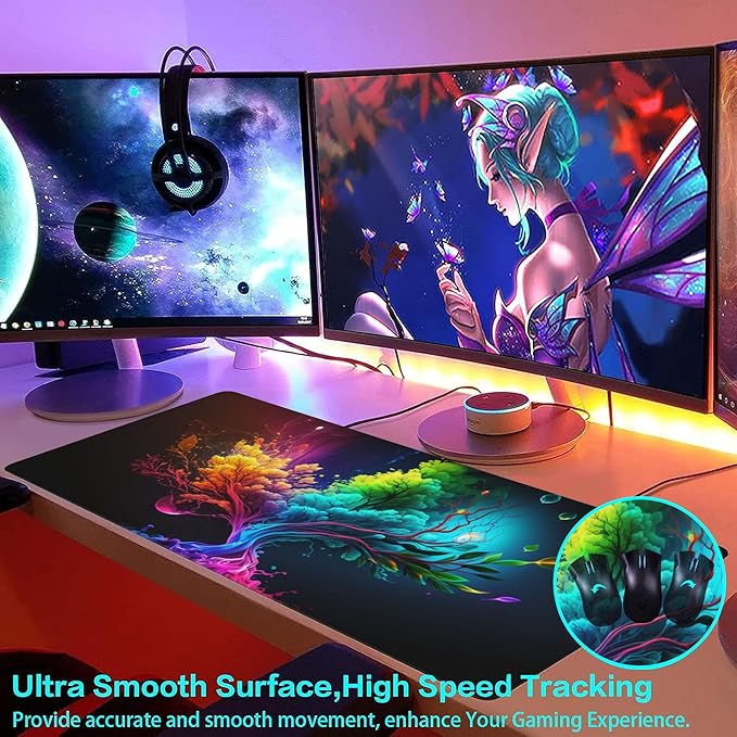 Large Gaming Mouse Pad for Desk,Colorful Tree of Life Desk Mat,Abstract Multicolor Texture Desk Pad, Extended Big Computer Keyboard Mouse Pad with Non-Slip Base and Stitched Edge 35.4"x15.7"