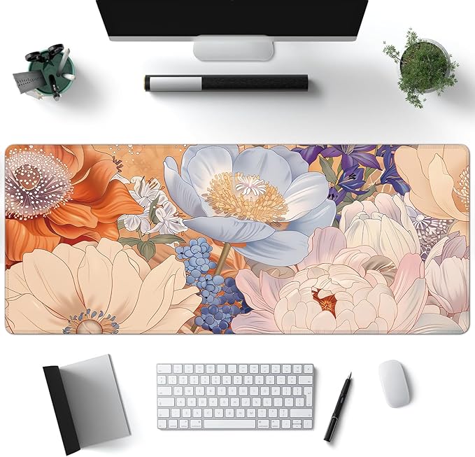 Desk Mat, Aesthetic Dark Flowers XXL 35.4"x15.7"Large Gaming Mouse Pad, 3mm Thick Gaming Keyboard Pad,Desk Pad Non-Slip Rubber Base with Stitched Edges for Office Game Home Decor