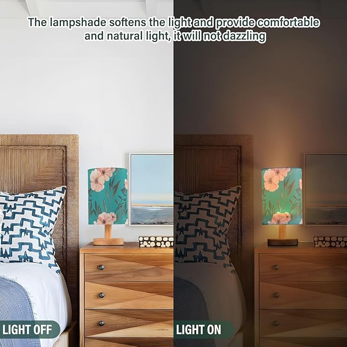 Pink Floral LED Table Lamp, Bedside Lamp with Linen Lampshade, Flicker-Free Eye Care USB Plug in Nightstand Lamp, for Bedroom and Office
