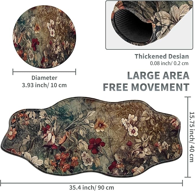Dark Art Flowers Large Gaming Mouse Pad Plus a Coaster, 35.4 x 15.7 inches Desk Mat Extended XXL Mousepad with Stitched Edge Non-Slip Rubber, Desk Pad Computer Mouse Mat for Home Office