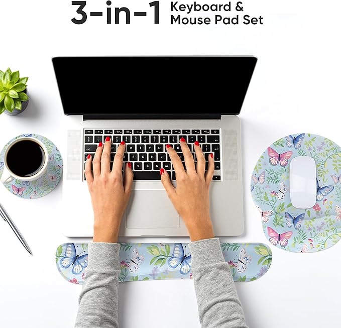 Ergonomic Keyboard Mouse Pad Wrist Rest Support Set for Laptop/Computer/Desktop,Memory Foam Hand Rest Wrist Cushion for Gaming/Office,Lightweight Comfortable (Butterflies)