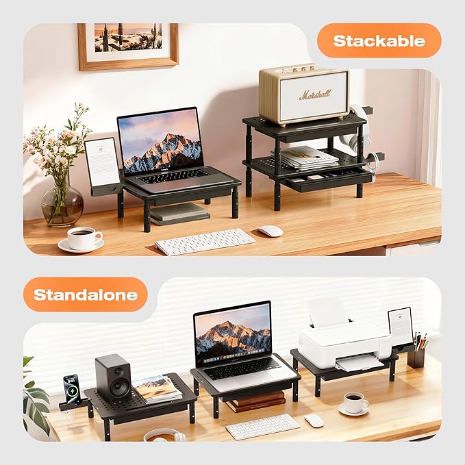 Computer Monitor Stand Riser with Storage, 3 Height Adjustable Laptop Desktop Monitor Stand with Drawer, Metal Short Printer Table, Stand Riser for Desk, Office Desk Organizers and Accessories, 1 Pack