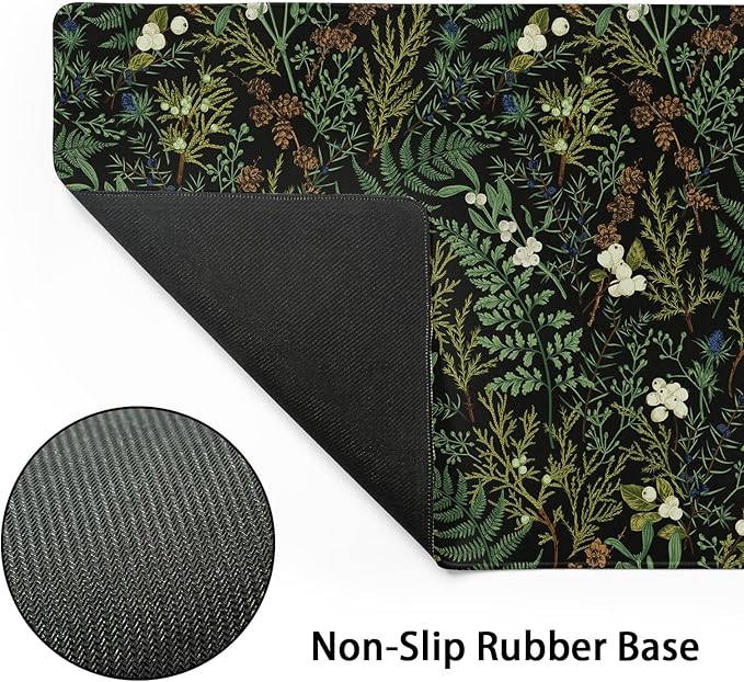 aportt Black Aesthetic Vintage Botanical Gaming Mouse Pad XL Cute Forest Green Plant Nature Floral Extended Large Big Mousepad Non-Slip Stitched Edge Long Mat for Desk Office Computer,31.5×11.8 in
