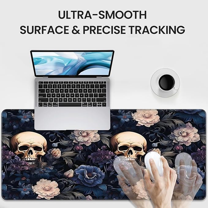 XXL Gaming Mouse Pad, Skull Rose Floral Design, 35.4 x 15.7 Inches, Non-Slip Rubber Base, Microfiber Cloth, Extended Rectangular Desk Mat