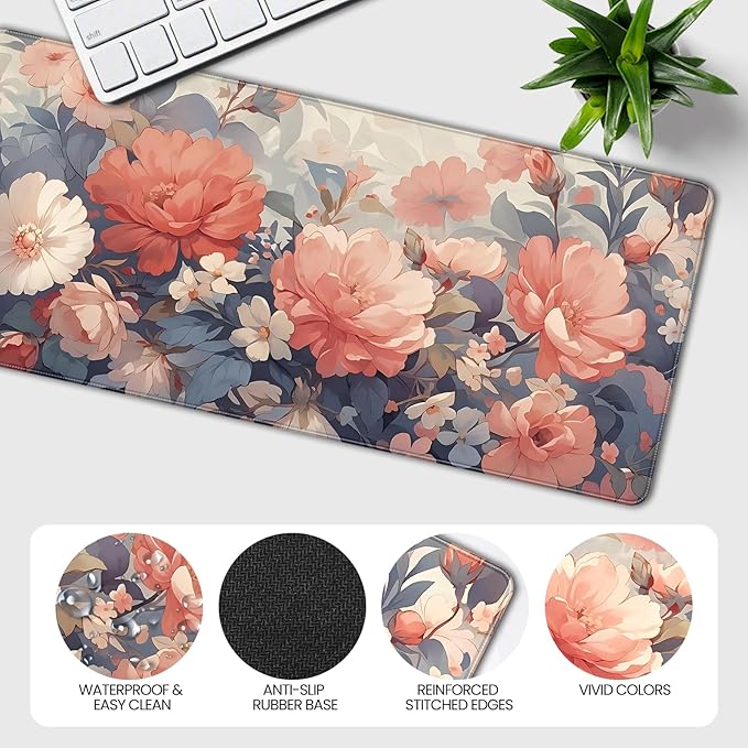 XXL Large Gaming Mouse Pad, 35.4 x 15.7 inches, with Non Slip Rubber Base, Extended Keyboard Pad for Home Computer Office Workstations, Large Laptop Mouse Pads Blooming Flowers