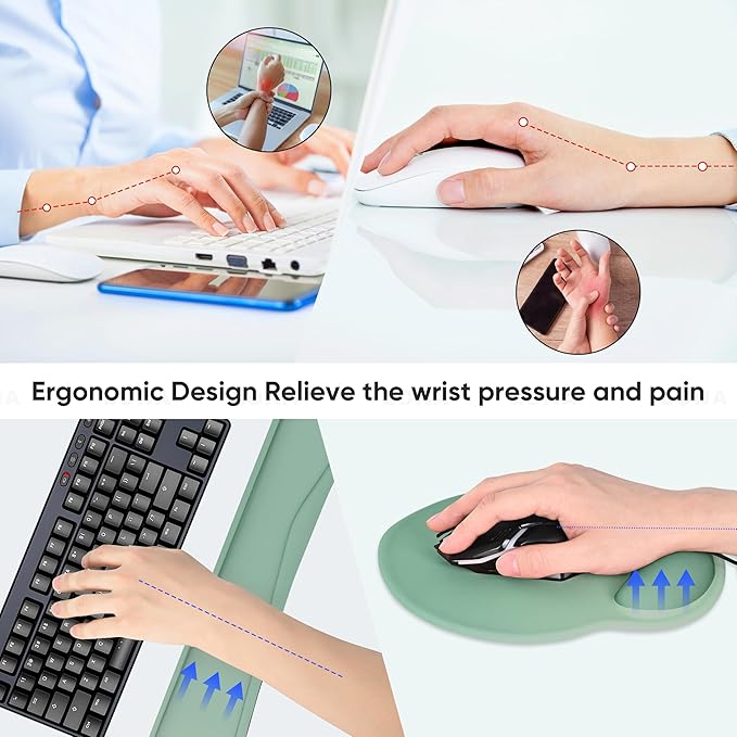 Ergonomic Keyboard Mouse Pad Wrist Rest Support Set for Laptop/Computer/Desktop,Memory Foam Hand Rest Wrist Cushion for Gaming/Office,Lightweight Comfortable (Green)