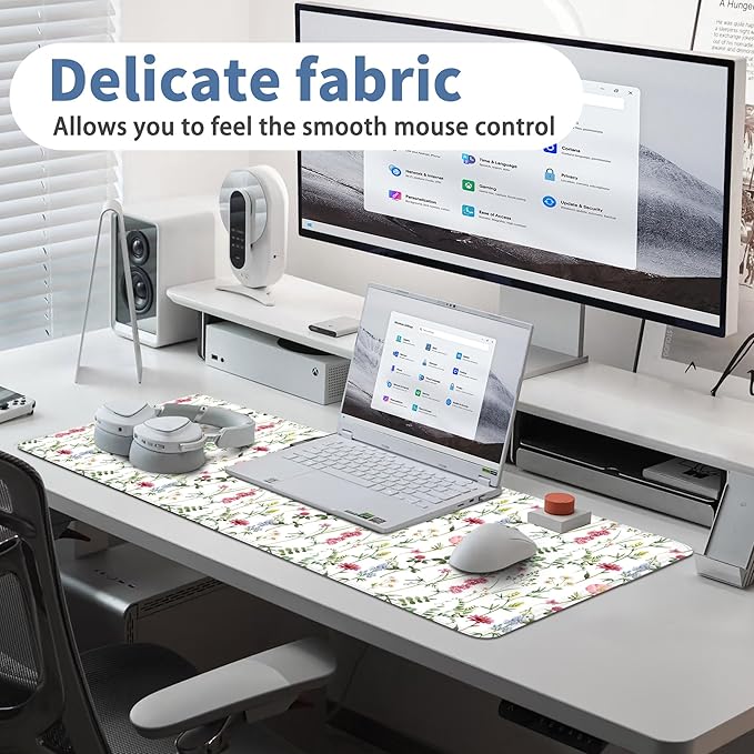 White Kawaii Flower Mouse Pad Large Desk Mat Extended Keyboard Mouse Pad Cute Mousepad with Non-Slip Base and Stitched Edge Floral Mouse Mat Desk Pad 31.5 x 11.8 Mouse Pads for Desk Home Office Gaming