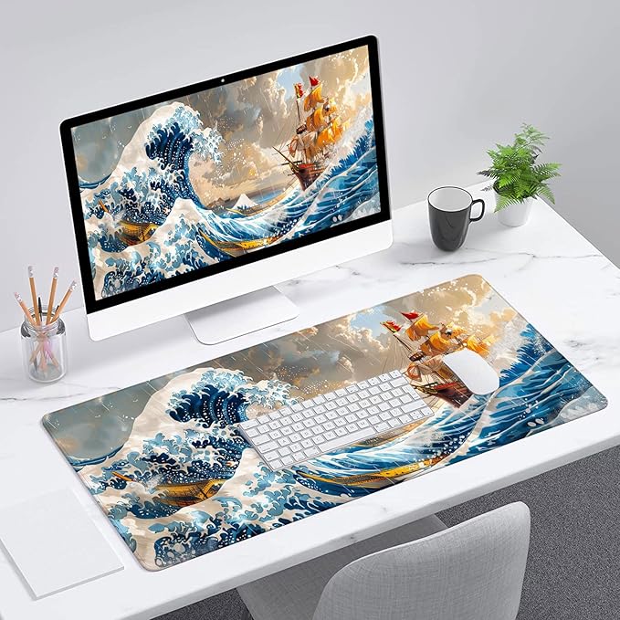 Anime Pirate Ship Desk Pad Mouse Pad The Great Wave Off Kanagawa Mouse Pad Large Mousepad Extended Laptop Keyboard Mat Gaming Desk Pad Mouse Mat Office Computer Keyboard Laptop Home 31.5"x11.8"