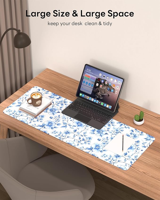 Floral Mouse Pad, 31.5 x 11.8 Large Desk Mat with Stitched Edges & Non-Slip Base, Mousepad for Office, Home, Work, Blue White Flower