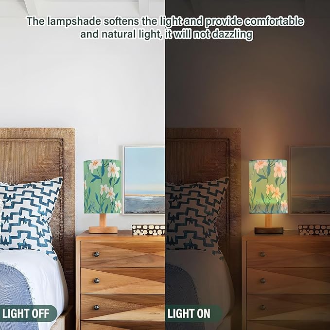 Green Floral LED Table Lamp, Bedside Lamp with Linen Lampshade, Flicker-Free Eye Care USB Plug in Nightstand Lamp, for Bedroom and Office