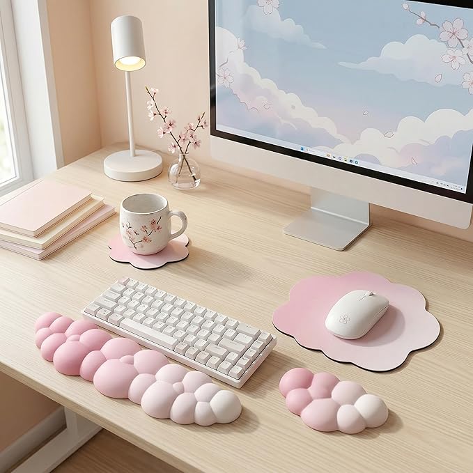 Cloud Mouse Pad Keyboard Wrist Rest for Mouse 4PCS Mini Small Desk Mat Pad Set Memory Foam Non-Slip Cute Ergonomic Gaming Mouse Wrist Support for Computer Home Office Gradient Pink