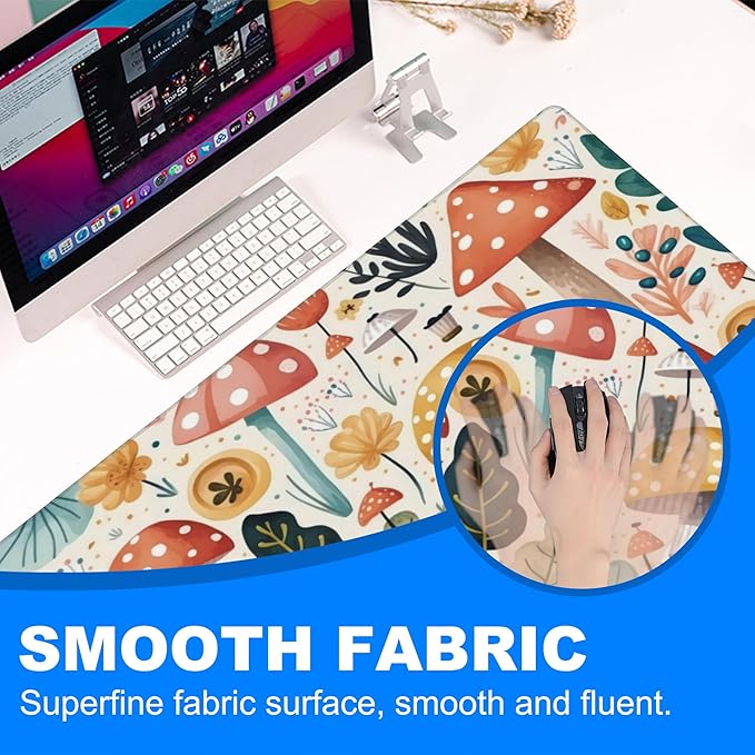 Desk Pad, Hand Drawn Charming Mushroom and Leaves Extended Gaming Mouse Pad Large, 31.5"x11.8" Big Mouse Pad with Non-Slip Base and Stitched Edge, Long Computer Keyboard Mouse Mat for Home Office Work