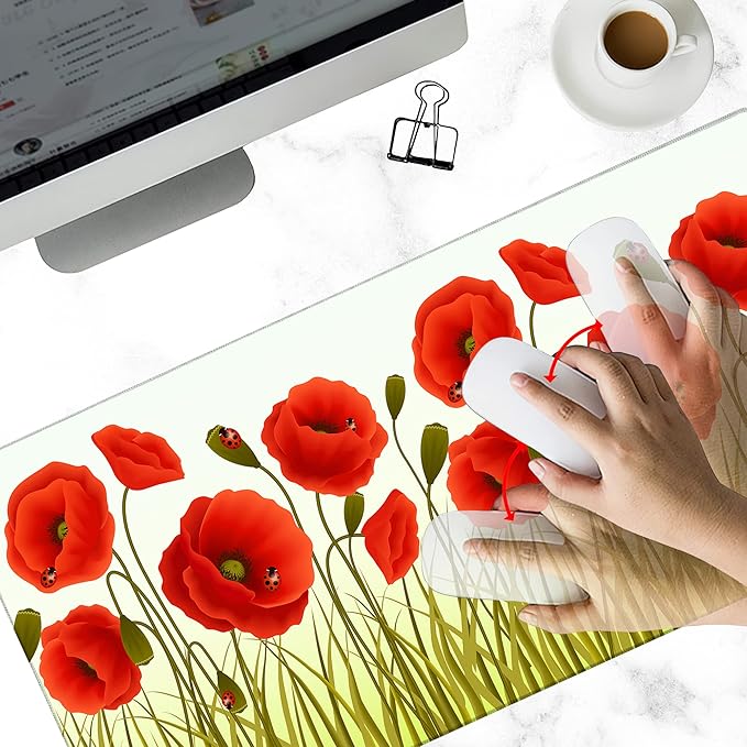 Poppy Gaming Desk Mat Large,Red Poppy Floarl Ladybug Extended Mousepad,Non-Slip Rubber Mouse Pad Stitched Edges,Desktop Decorative Accessories for Home Office 31.5" x 15.7"