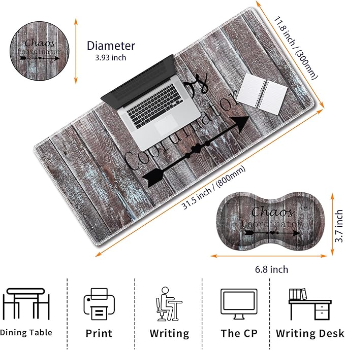 Durable Desk Mat + Wrist Rest Pad + Coasters Set, Large Gaming Office Mouse Pad 31.5 "x 11.8", Extended Non-Slip Rubber Keyboard Pad, Laptop & Home, Chaos Coordinator