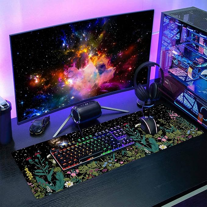 aportt Black Aesthetic Wildflower Large Mouse Pad XL Space Galaxy Weeds Herb Cute Floral Extended Desk Mat Big 80X30 CM Non-Slip Rubber Base Stitched Edge Long Mousepad,31.5×11.8 Inch