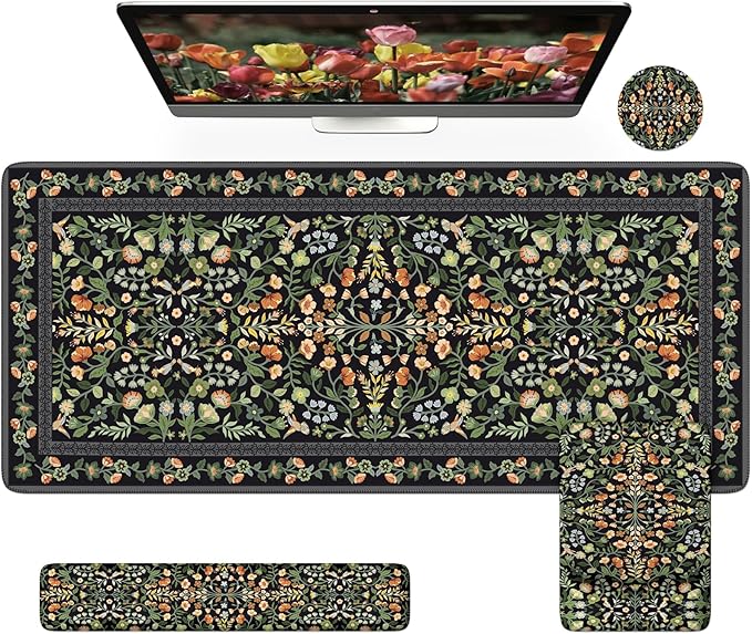 iCasso Mouse Pad with Wrist Rest,Large Desk Mat Set,Ergonomic Keyboard Pad with Wrist Support,Non-Slip Mouse Mat for Women,Cute Floral Computer Mat for Home Office Gaming (Black)
