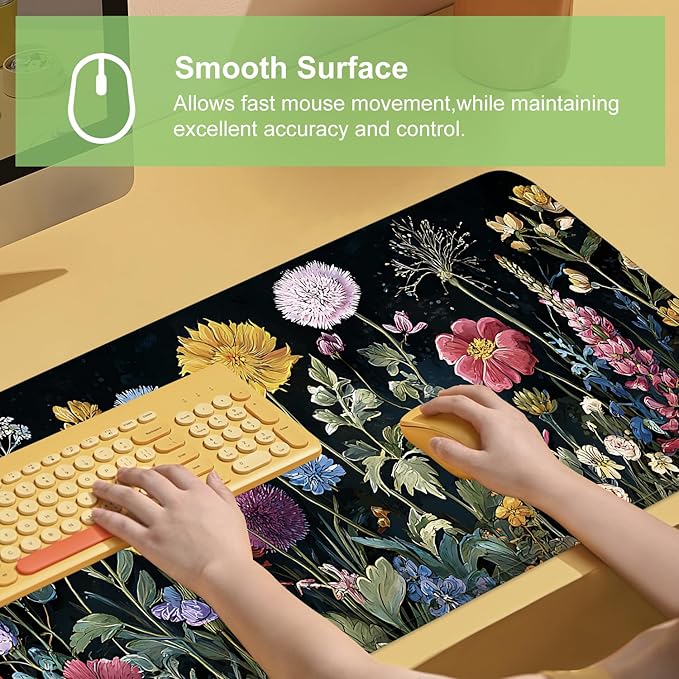 Desk Mat, XXL Extended Gaming Pad for Desktop, 35x16 Inches Vibrant Floral Colorful Flower Bouquet, Large Non-Slip Vegan Leather Surface with Stitched Edges, Keyboard Mouse Mat for Home Office