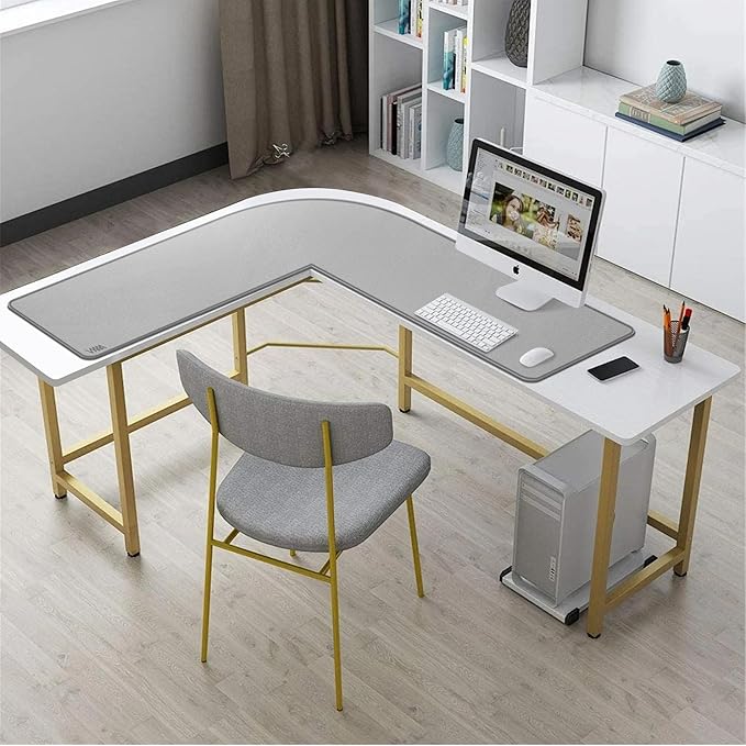Vyaaa L Shaped Desk Mat Leather Desk Pad, PU Leather Corner Desk Mat for Computer, Gaming, Writing, Home and Office, 39.4"x 39.4"x 13" Light Gray